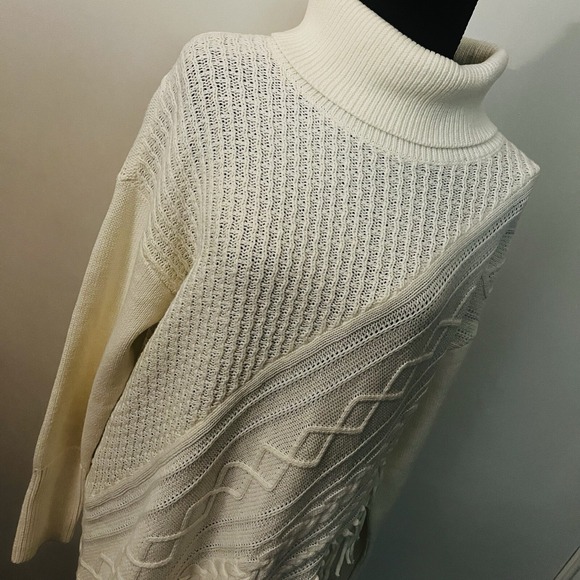 Chico's Ecru Cable Knit Fringe Turtleneck Tunic Sweater | Cozy Luxe Winter Layer - Picture 9 of 10